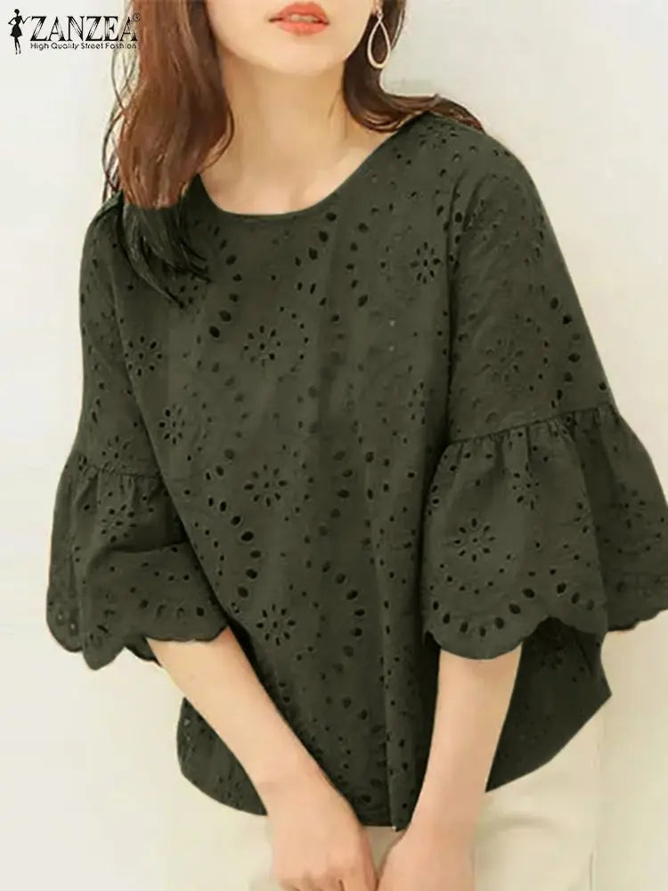 ZANZEA 3/4 Sleeve Hollow Out Elegant Lace Crochet  Loose Embroidery Blouse