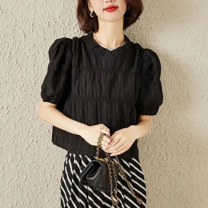 Crew Neck Pullover Puff Short Sleeve Shirring T-shirt Office Lady Chic Tops