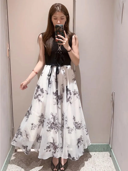 Kuzuwata Simple Knit Patchwork Sleeveless Lace Up Slim Waist Robe Dress with an Elegant Japanese Chiffon