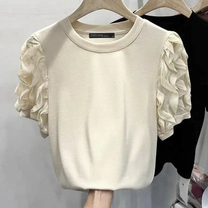 ZANZEA Ruffled Patchwork Lantern Short Sleeve Vintage Tunics Blouse