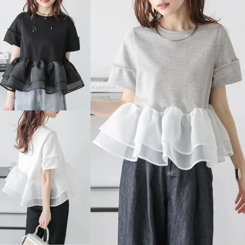 Japanese Style Short-Sleeved Ruffles Splicing T-Shirts