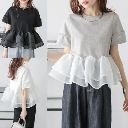 Japanese Style Short-Sleeved Ruffles Splicing T-Shirts