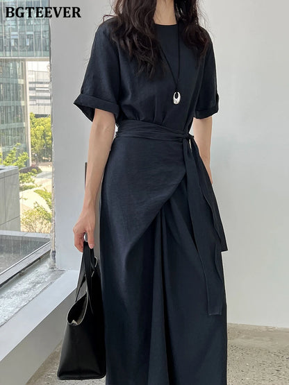 BGTEEVER Summer A-Line Dress | Slim Waist O-Neck Mid-Length