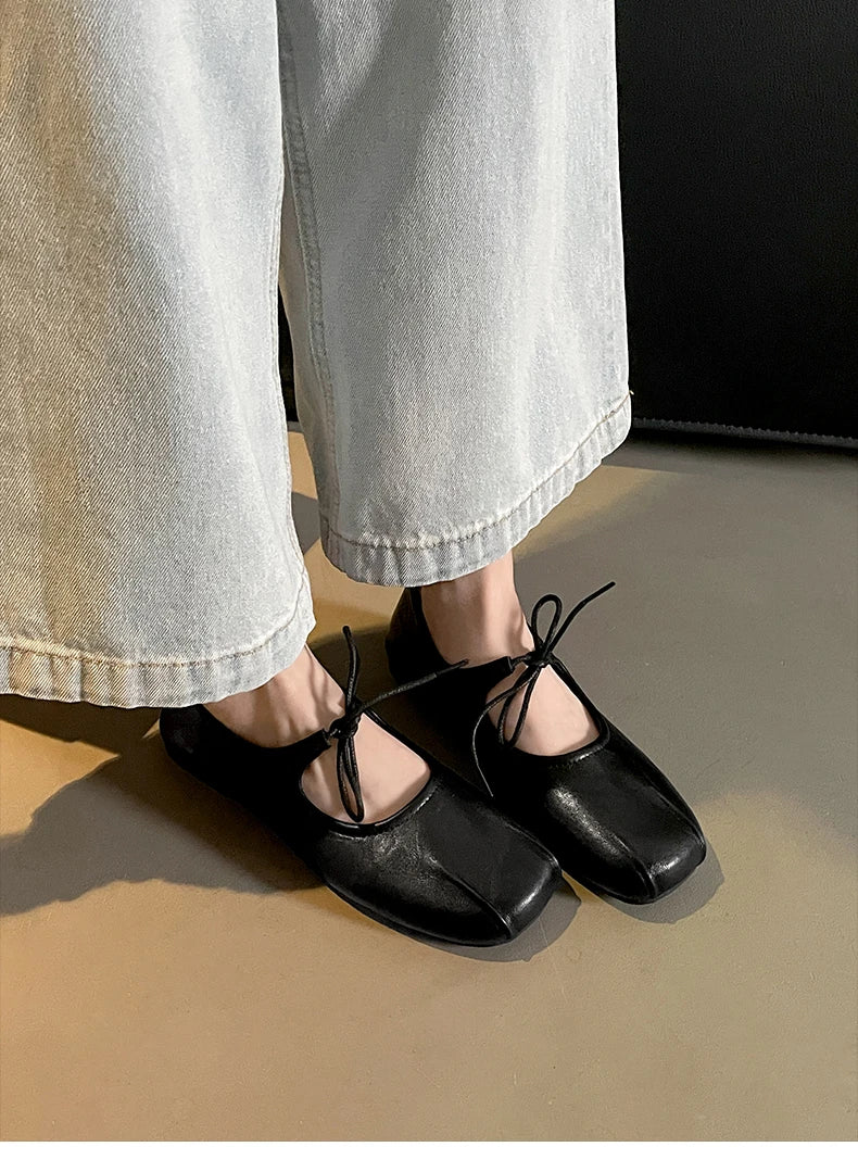 Soft Leather Ballet Flats with Butterfly Knot for Women