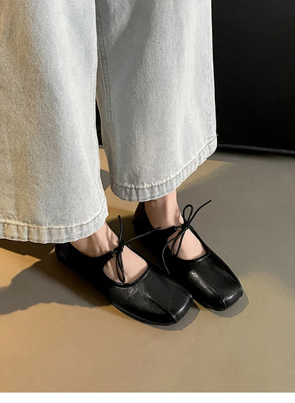 Soft Leather Ballet Flats with Butterfly Knot for Women