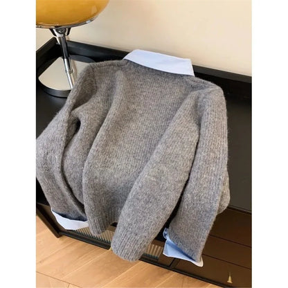 Women Grey Autumn Outfit New Lazy Linterior Contrasting Colour Sweater with Fake Collar