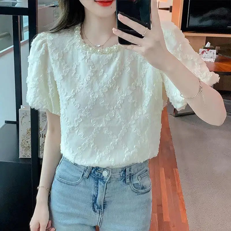 Kawaii French Bead Puff Short-Sleeved Chiffon Shirt