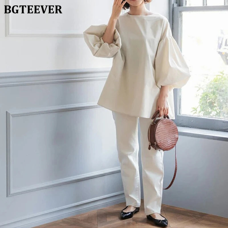 BGTEEVER Vintage Puff Sleeve Blouse | Spring Summer Lace-Up