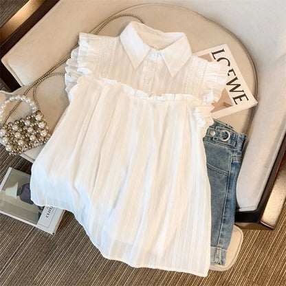 Women Kawaii Sleeveless Blouses with Solid Lace Ruffles Japanese Style