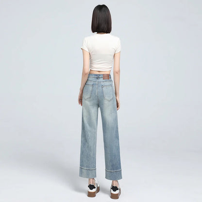 Stylish High-Waist Cropped Stretch Straight Jeans