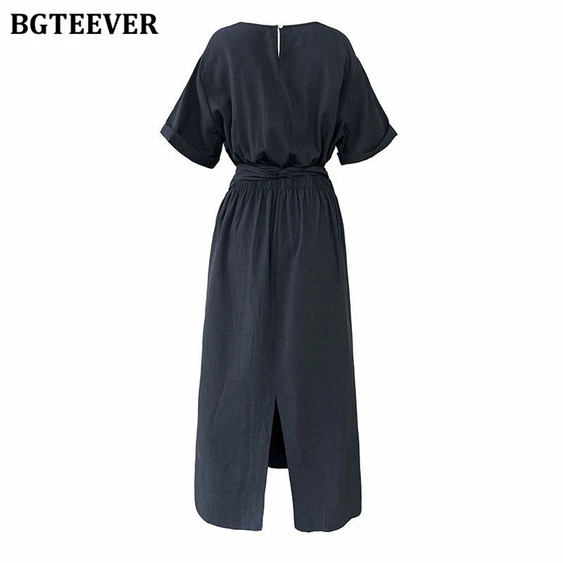 BGTEEVER Summer A-Line Dress | Slim Waist O-Neck Mid-Length