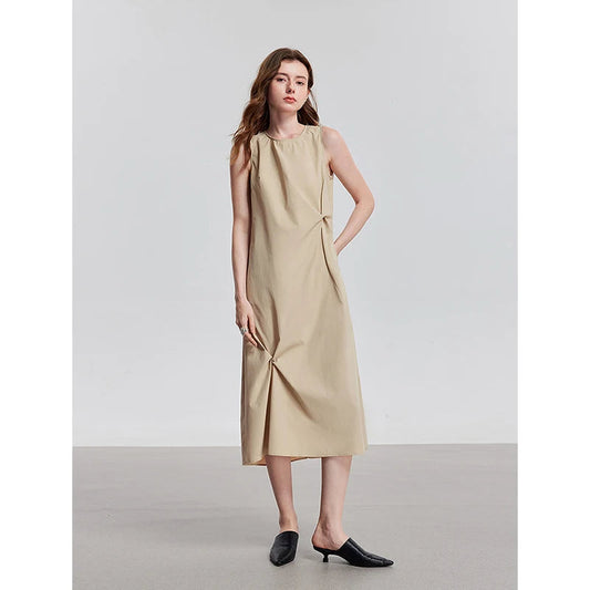 Elegant O-Neck Midi Dress - Écru Doux