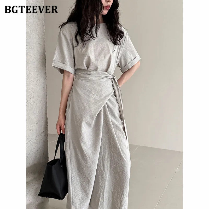 BGTEEVER Summer A-Line Dress | Slim Waist O-Neck Mid-Length