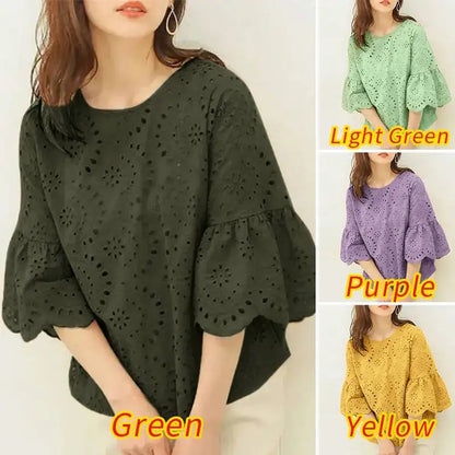 ZANZEA 3/4 Sleeve Hollow Out Elegant Lace Crochet  Loose Embroidery Blouse