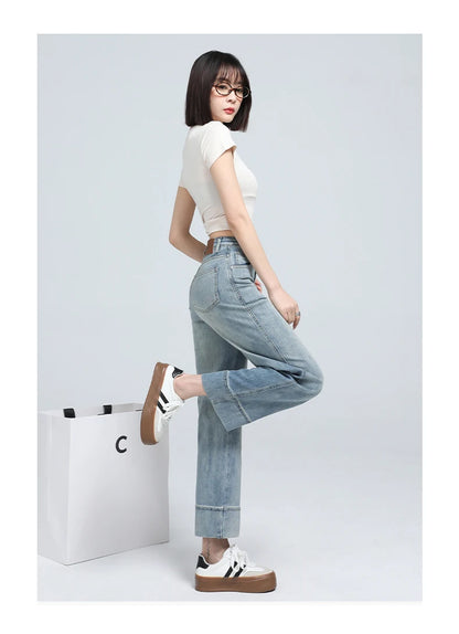 Stylish High-Waist Cropped Stretch Straight Jeans