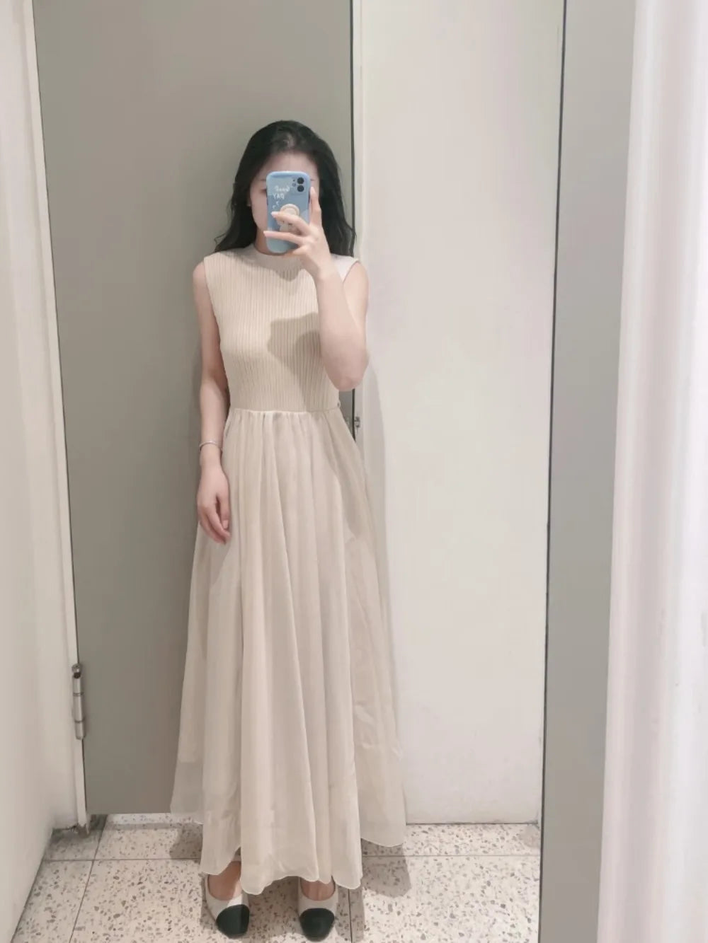 Kuzuwata Simple Knit Patchwork Sleeveless Lace Up Slim Waist Robe Dress with an Elegant Japanese Chiffon