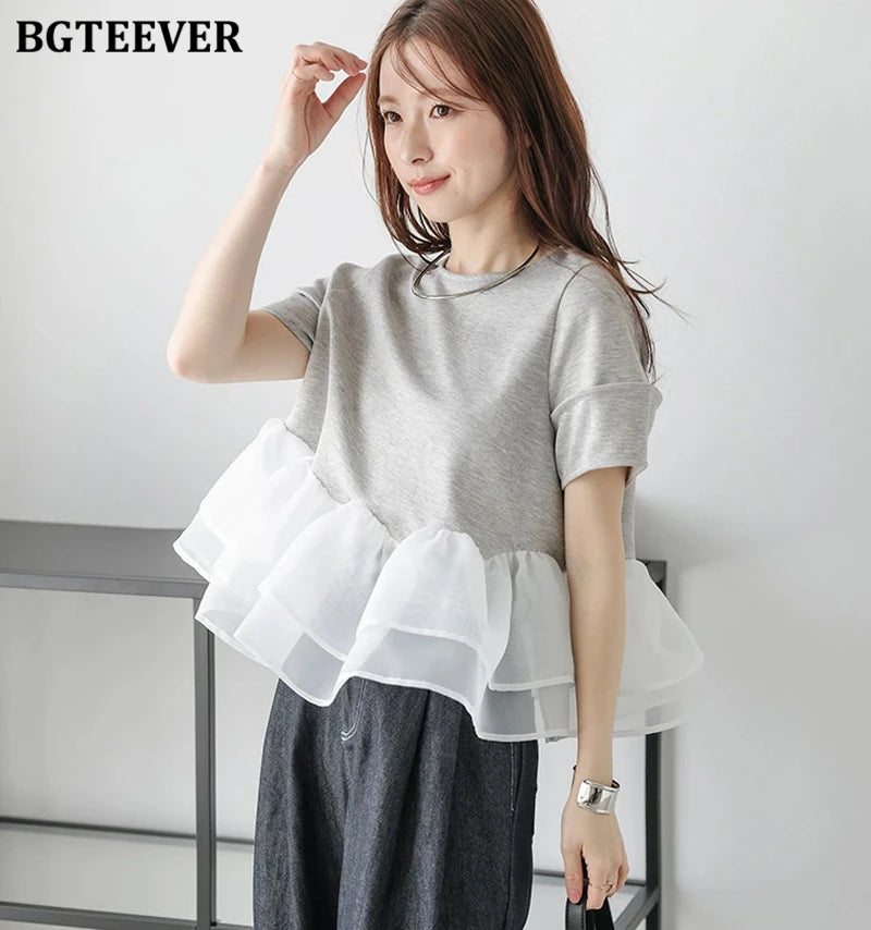 Japanese Style Short-Sleeved Ruffles Splicing T-Shirts