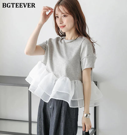 Japanese Style Short-Sleeved Ruffles Splicing T-Shirts