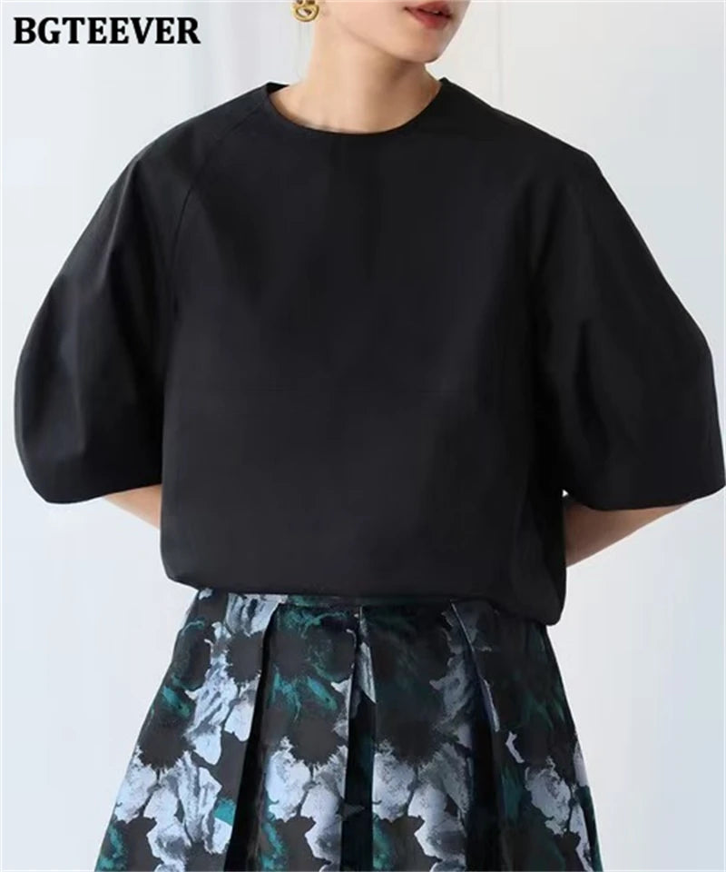 BGTEEVER Casual Puff Sleeve Blouse | Summer O-Neck Loose Top
