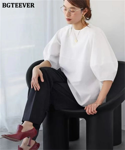 BGTEEVER Casual Puff Sleeve Blouse | Summer O-Neck Loose Top