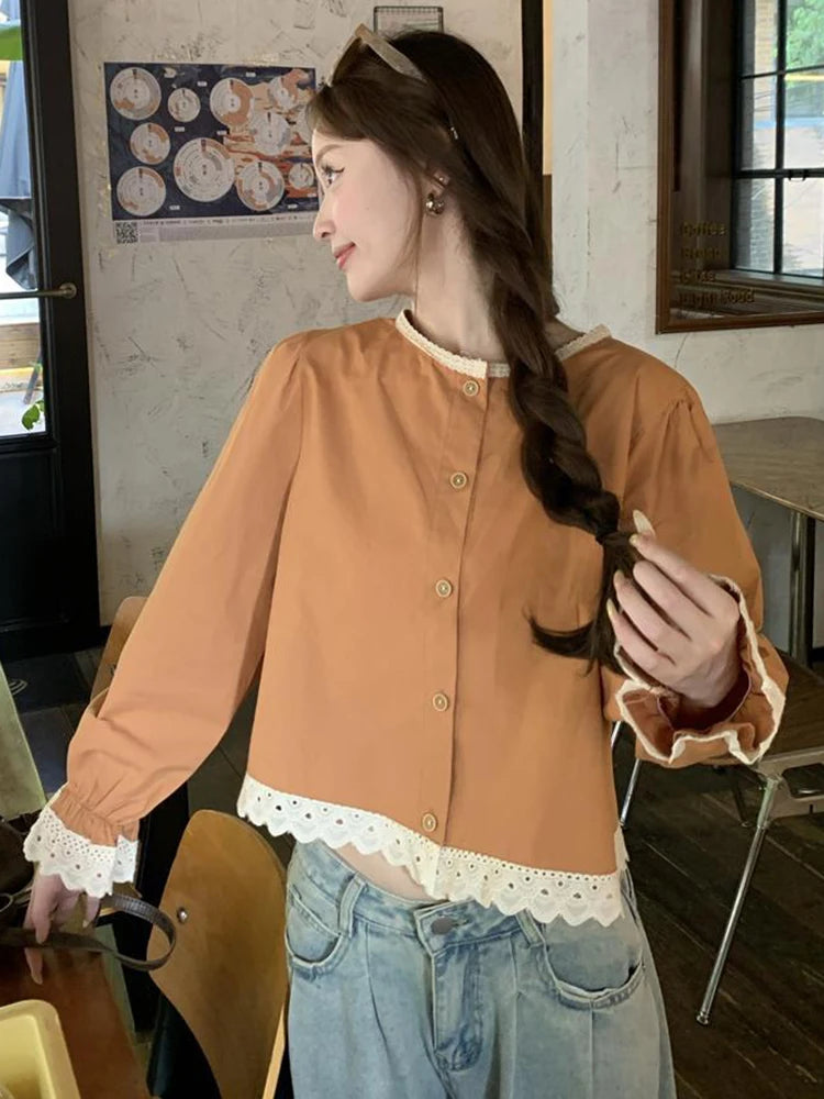 Women Spring Sweet Elegant Blouse O-Neck with Lace Patchwork