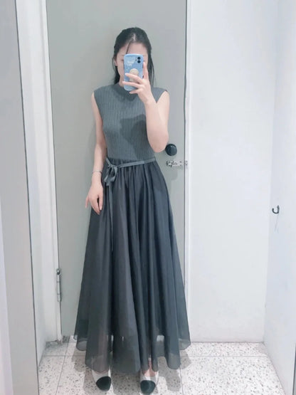 Kuzuwata Simple Knit Patchwork Sleeveless Lace Up Slim Waist Robe Dress with an Elegant Japanese Chiffon