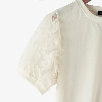 Ruffled Patchwork Lantern Short Sleeve Vintage Blouse - Écru Doux