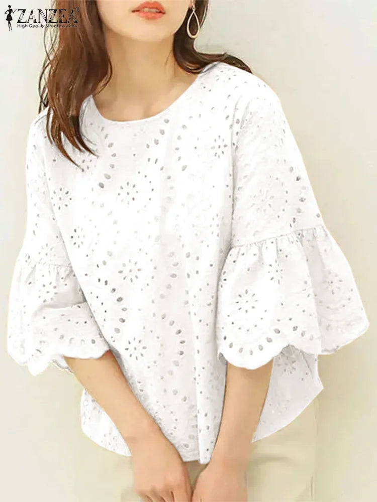 ZANZEA 3/4 Sleeve Hollow Out Elegant Lace Crochet  Loose Embroidery Blouse