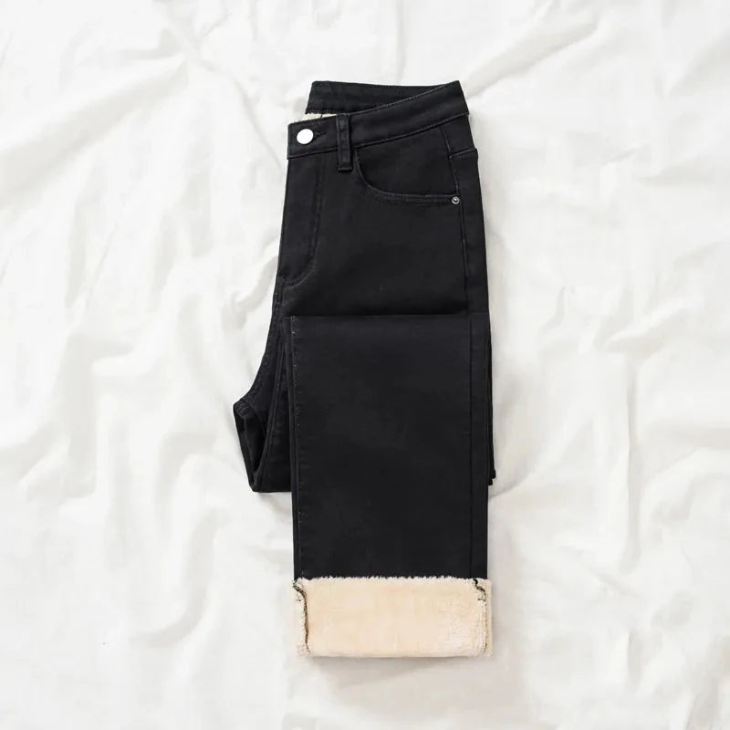 Warm Fleece Jeans | Winter Straight Ankle Vaqueros - Écru Doux