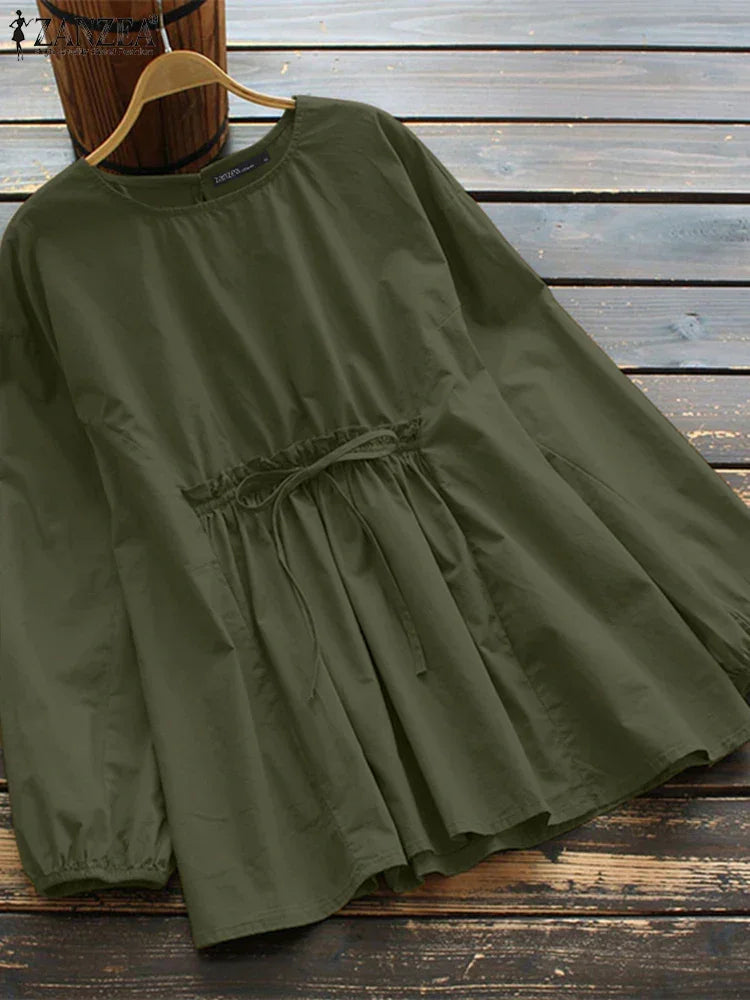 ZANZEA Vintage Tunic Blouse | Lace Up Elastic Waist | Dark Green