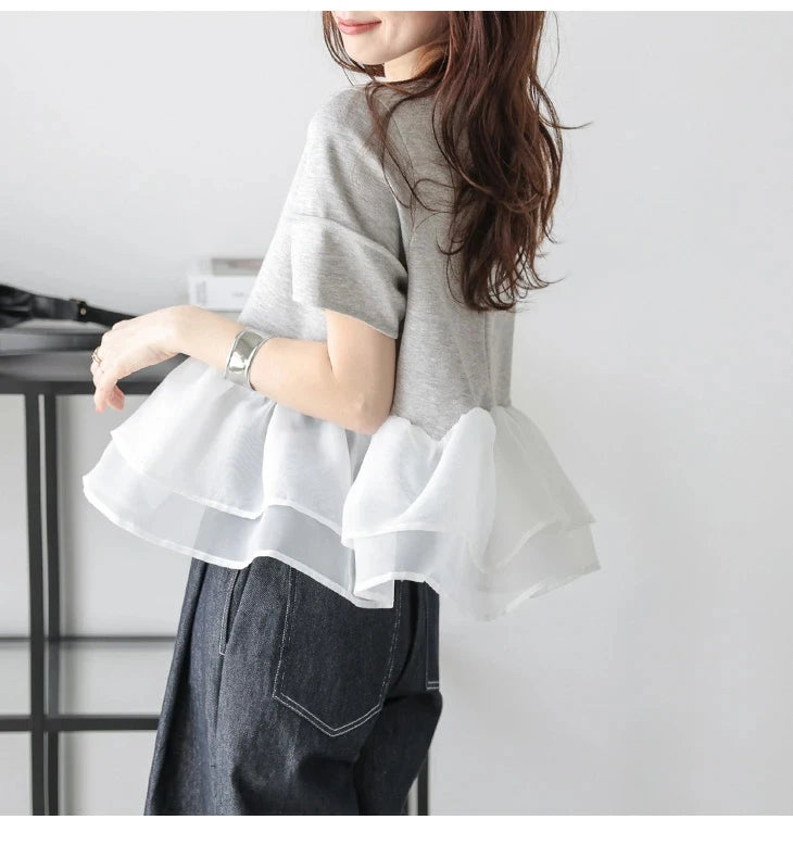 Japanese Style Short-Sleeved Ruffles Splicing T-Shirts
