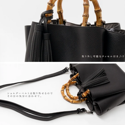 Bamboo Handle Fringe Mini Bag | 2-Way Shoulder & Handbag | Tassel Detail -  Écru Doux