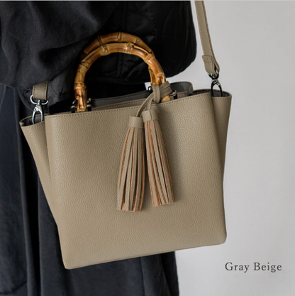 Bamboo Handle Fringe Mini Bag | 2-Way Shoulder & Handbag | Tassel Detail -  Écru Doux