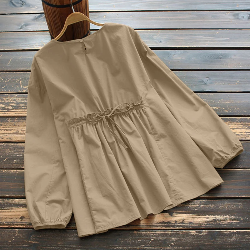 ZANZEA Vintage Tunic Blouse | Lace Up Elastic Waist -  Écru Doux