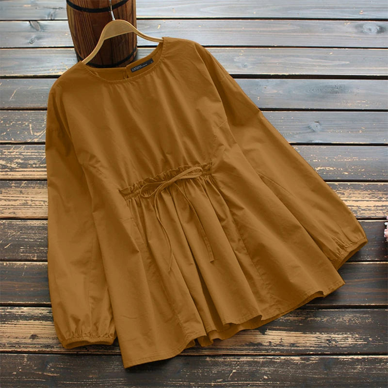 ZANZEA Vintage Tunic Blouse | Lace Up Elastic Waist -  Écru Doux