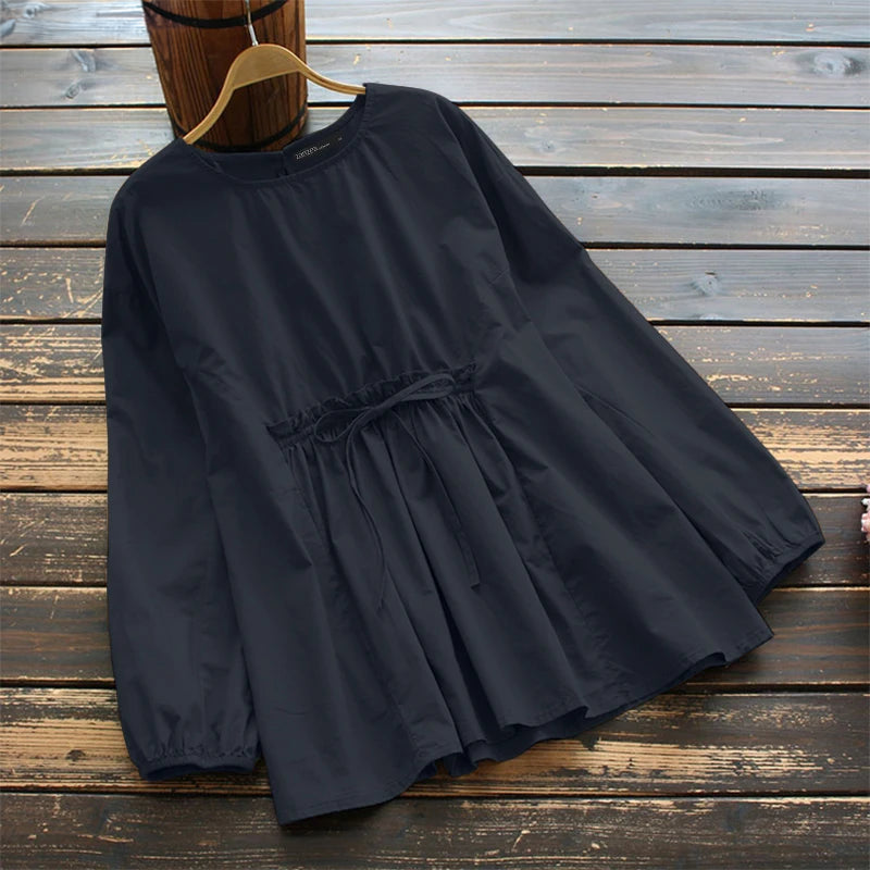 ZANZEA Vintage Tunic Blouse | Lace Up Elastic Waist -  Écru Doux