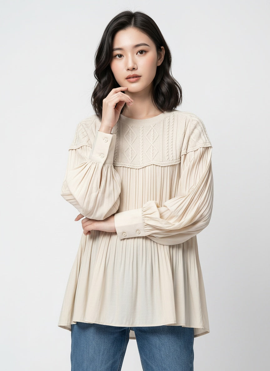 Knit & Pleated Long Sleeve Blouse | Feminine Swing Top -  Écru Doux