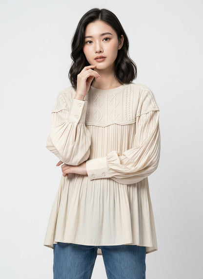 Knit & Pleated Long Sleeve Blouse | Feminine Swing Top -  Écru Doux